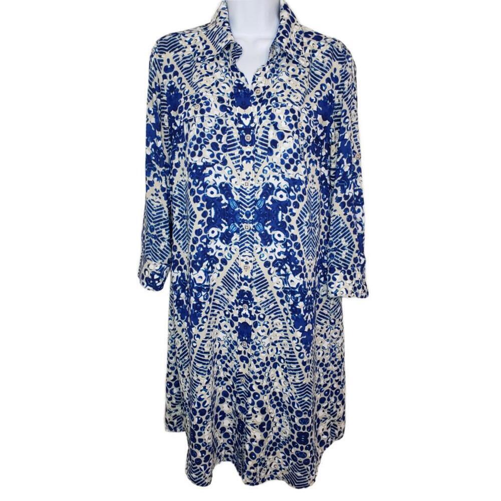 Cabi Women's Sz M  Blue Mosaic Geo Print Convertible Shirt Dress (1685)